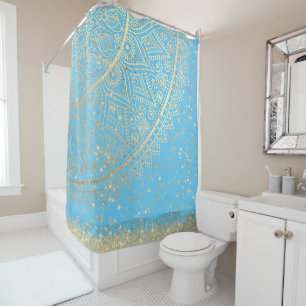 Enchanting Mandala with Gold Stars on Turquoise Shower Curtain