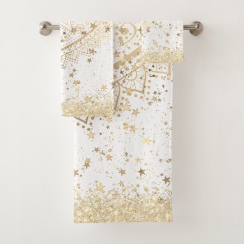 Enchanting Mandala with Gold Stars on White  Bath Towel Set