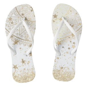 Enchanting Mandala with Gold Stars on White Flip Flops