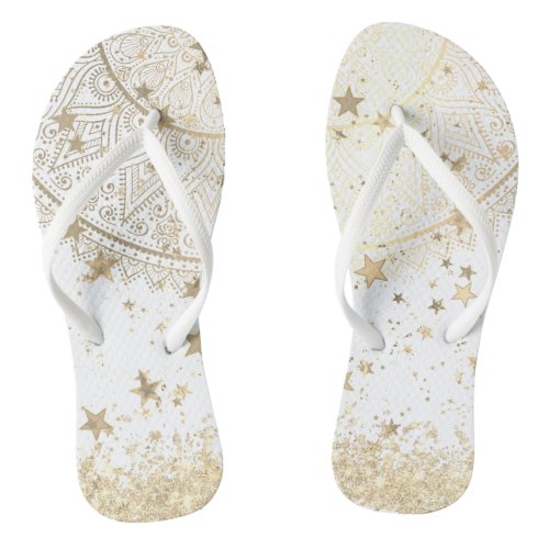 Enchanting Mandala with Gold Stars on White  Flip Flops