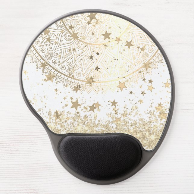 Enchanting Mandala with Gold Stars on White  Gel Mouse Pad (Front)