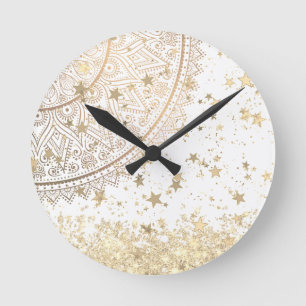 Enchanting Mandala with Gold Stars on White   Round Clock