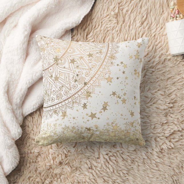 Enchanting Mandala with Gold Stars on White  Throw Pillow (Blanket)