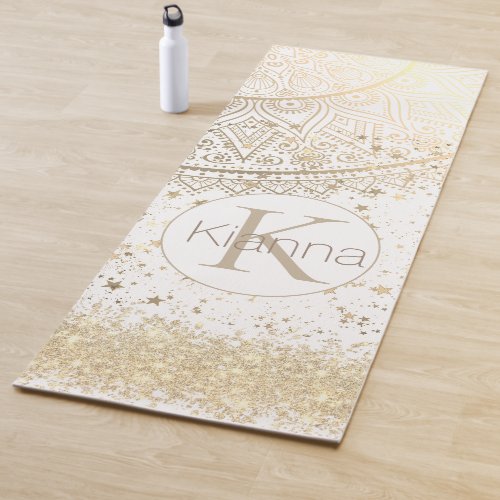 Enchanting Mandala with Gold Stars on White Yoga Mat