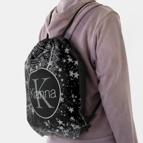 Enchanting Mandala with Silver Stars Monogram Drawstring Bag