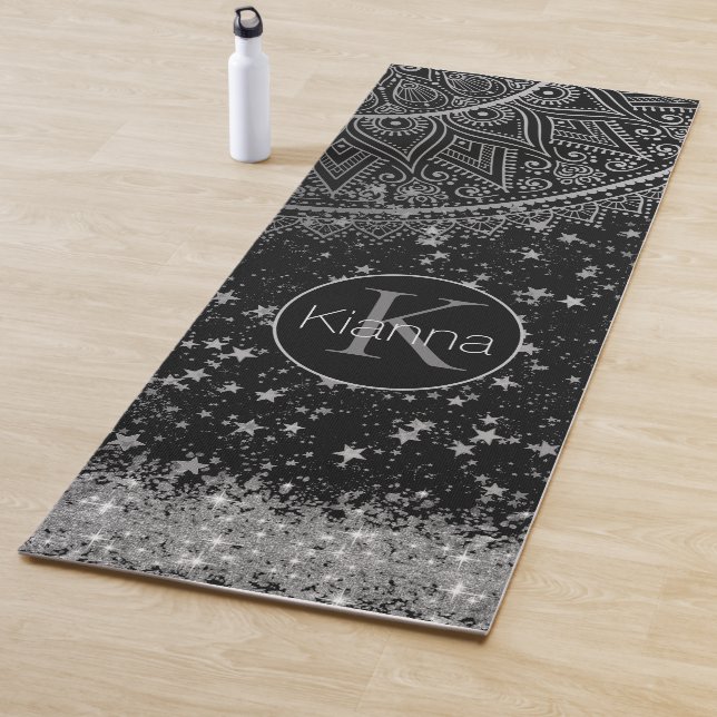 Enchanting Mandala with Silver Stars on Black Yoga Mat (In Situ)