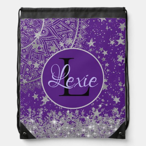 Enchanting Mandala with Silver Stars on Purple  Drawstring Bag