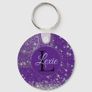 Enchanting Mandala with Silver Stars on Purple Keychain