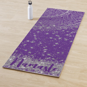 Enchanting Mandala with Silver Stars on Purple Yoga Mat