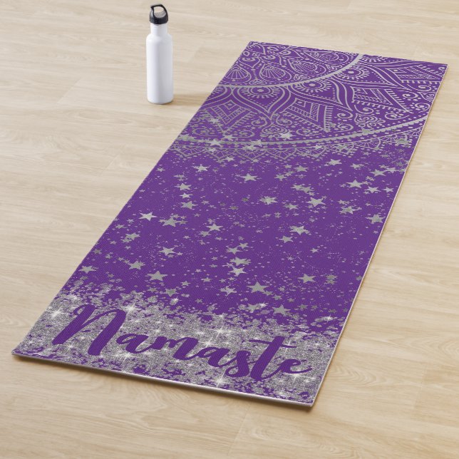 Enchanting Mandala with Silver Stars on Purple Yoga Mat (In Situ)