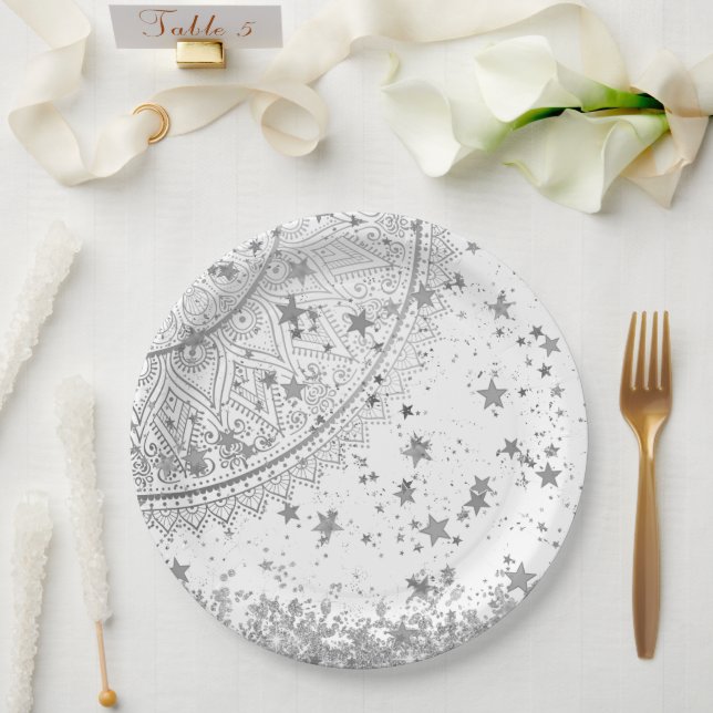 Enchanting Mandala with Silver Stars on White   Paper Plates (Wedding)