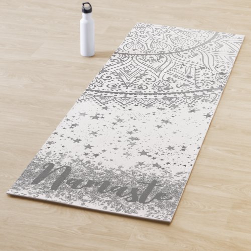 Enchanting Mandala with Silver Stars on White Yoga Mat