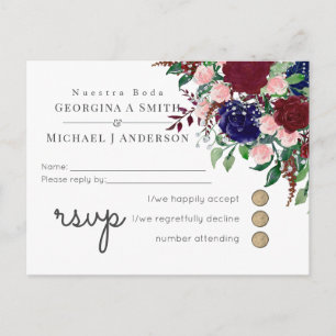 Enchanting Marsala Navy Blue Pink Wedding Invitation Postcard