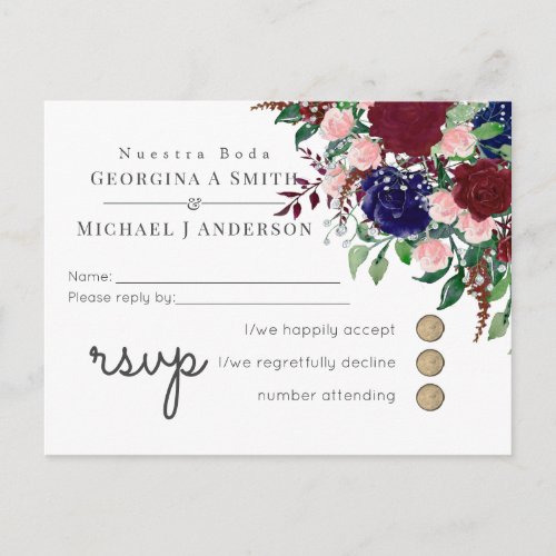 Enchanting Marsala Navy Blue Pink Wedding Invitation Postcard