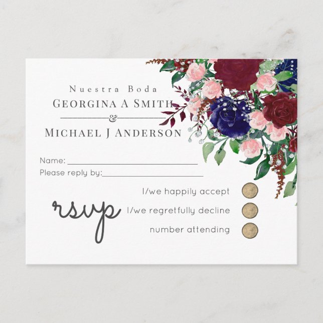 Enchanting Marsala Navy Blue Pink Wedding Invitation Postcard (Front)