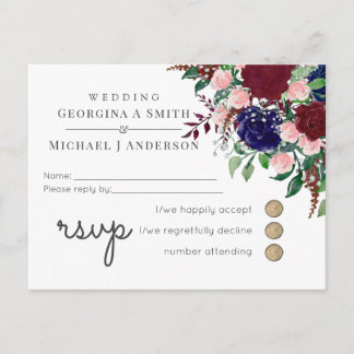 Enchanting Marsala Navy Blue Pink Wedding Invitation Postcard