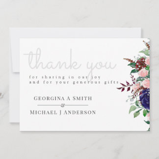 Enchanting Marsala Navy Blue Pink Wedding Thank You Card