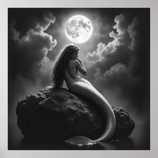 Enchanting Mermaid – Charcoal Art of Mystical Beau Poster