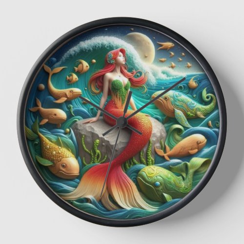 Enchanting Mermaid Sitting on a Rock Under a Moonl Clock