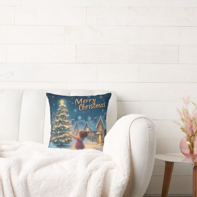 Enchanting "Merry Christmas" Village Scene Throw Pillow (Couch)
