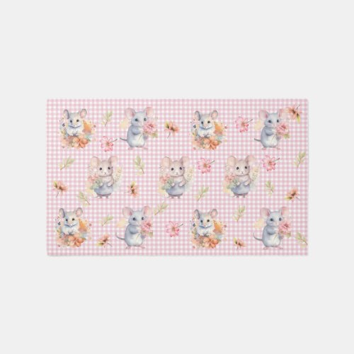 Enchanting Mice on Pink Gingham Check   Rug