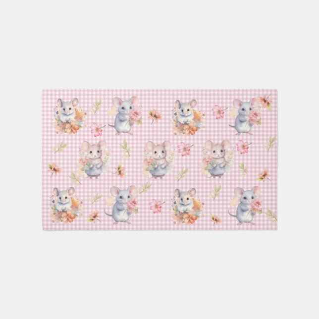 Enchanting Mice on Pink Gingham Check   Rug (Front)