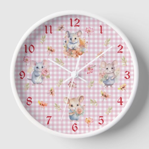 Enchanting Mice on Pink Gingham Check Wall Clock