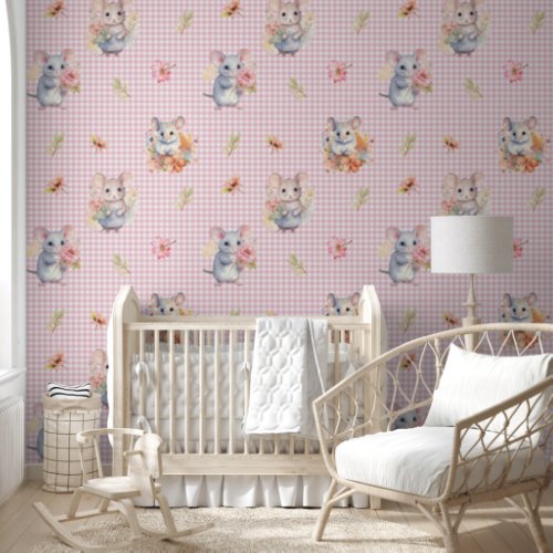 Enchanting Mice on Pink Gingham Check With Flowers Wallpaper