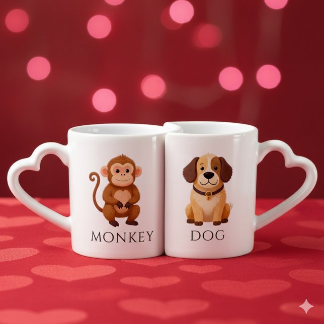 Enchanting Monkey 猴 Dog 狗 Chinese Zodiac Coffee Mug Set (Whimsical Asian Monkey and Dog Lovers' Nesting Mugs Cover Photo)
