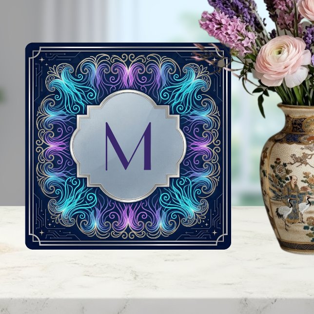 Enchanting  Monogram Teal Purple Swirls Decorative Ceramic Tile (Creator Uploaded)