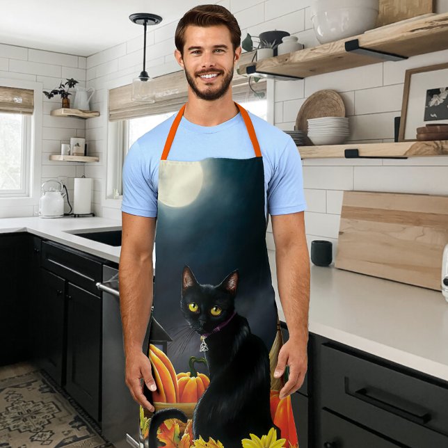 Enchanting Moonlit Black Autumn Cat Pumpkins Apron (Creator Uploaded)