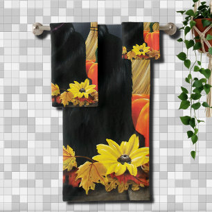 Enchanting Moonlit Black Autumn Cat Pumpkins Bath Towel Set
