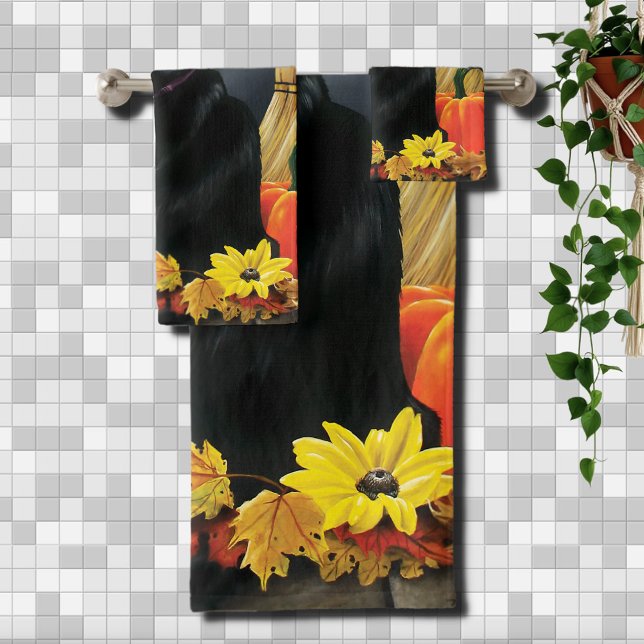 Enchanting Moonlit Black Autumn Cat Pumpkins Bath Towel Set (Creator Uploaded)
