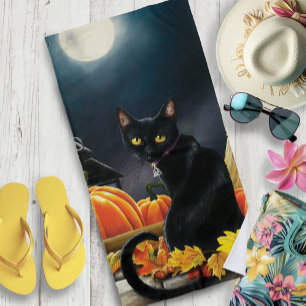 Enchanting Moonlit Black Autumn Cat Pumpkins Beach Towel