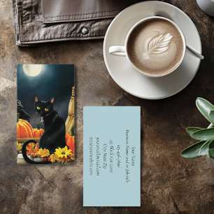 Enchanting Moonlit Black Autumn Cat Pumpkins Business Card