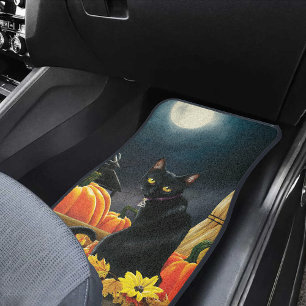 Enchanting Moonlit Black Autumn Cat Pumpkins Car Floor Mat
