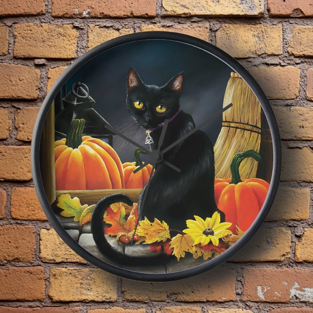 Enchanting Moonlit Black Autumn Cat Pumpkins Clock (Creator Uploaded)