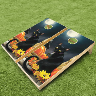 Enchanting Moonlit Black Autumn Cat Pumpkins Cornhole Set