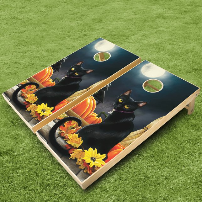 Enchanting Moonlit Black Autumn Cat Pumpkins Cornhole Set (Creator Uploaded)