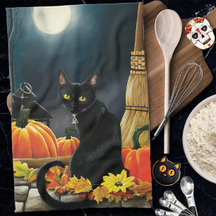 Enchanting Moonlit Black Autumn Cat Pumpkins Kitchen Towel