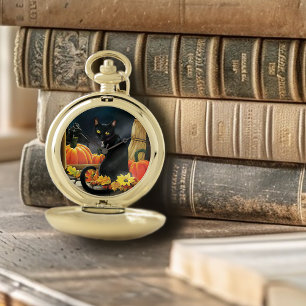 Enchanting Moonlit Black Autumn Cat Pumpkins Pocket Watch