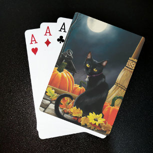 Enchanting Moonlit Black Autumn Cat Pumpkins Poker Cards