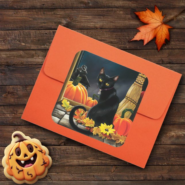 Enchanting Moonlit Black Autumn Cat Pumpkins Square Sticker (Creator Uploaded)