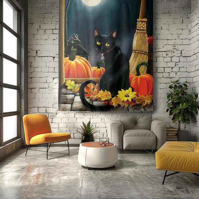 Enchanting Moonlit Black Autumn Cat Pumpkins Tapestry (Creator Uploaded)