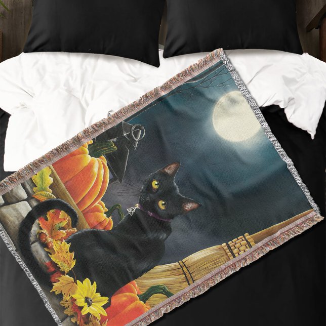 Enchanting Moonlit Black Autumn Cat Pumpkins Throw Blanket (Creator Uploaded)