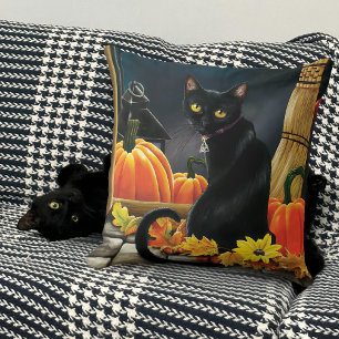 Enchanting Moonlit Black Autumn Cat Pumpkins Throw Pillow