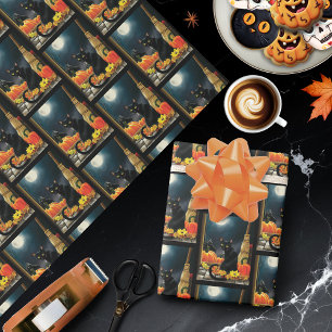 Enchanting Moonlit Black Autumn Cat Pumpkins Wrapping Paper