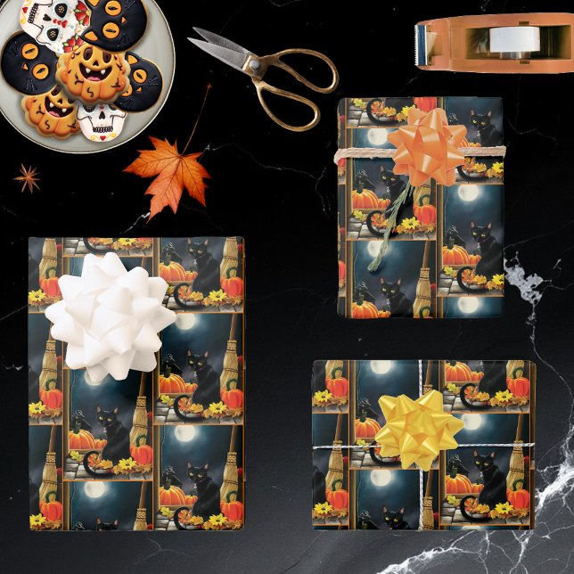 Enchanting Moonlit Black Autumn Cat Pumpkins Wrapping Paper Sheets (Creator Uploaded)