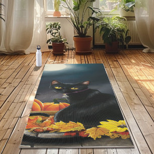 Enchanting Moonlit Black Autumn Cat Pumpkins Yoga Mat