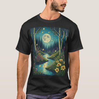 Enchanting Moonlit Forest with Dancing Fireflies T-Shirt